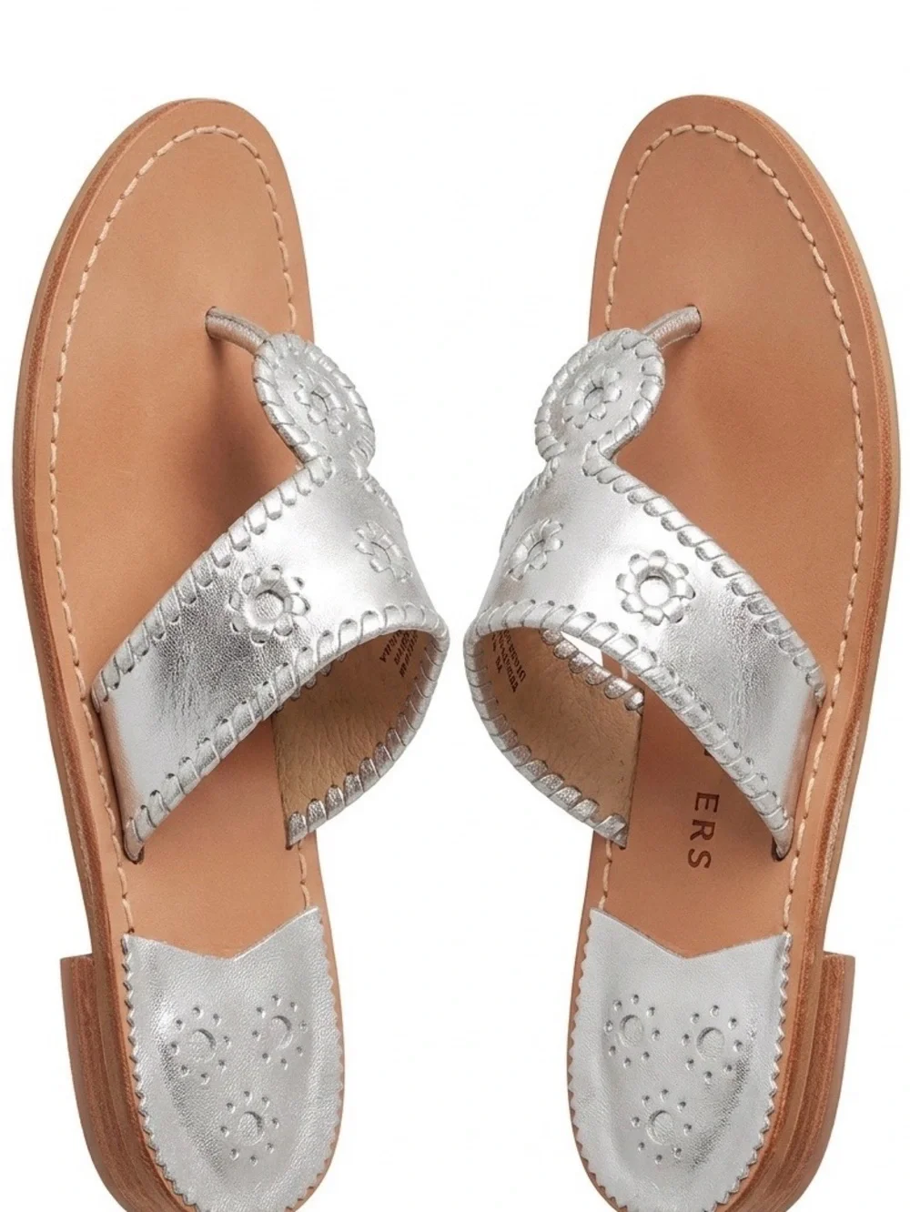 Jack Rogers Silver Leather Thong Sandals with Medallion